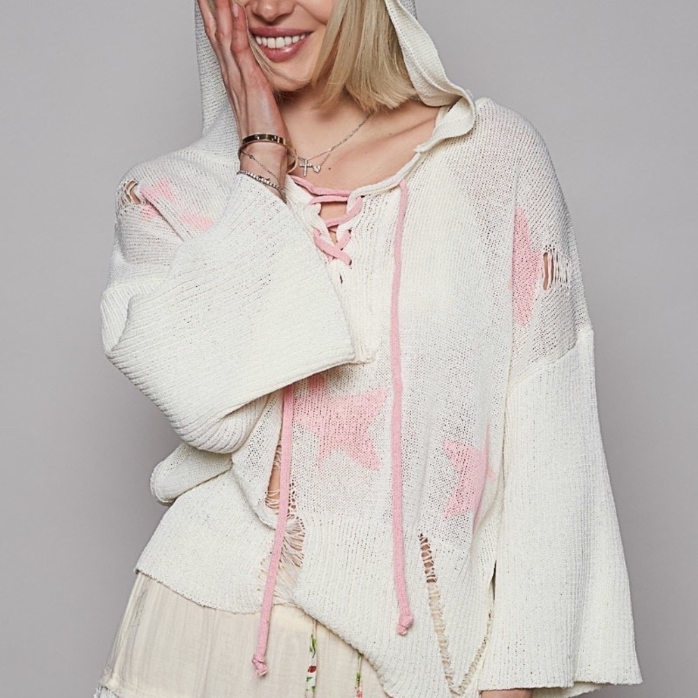 POL Clothing Distressed Star Pattern Hoodie 3/4 Sleeve Large Pink Sweatshirt - Picture 2 of 8